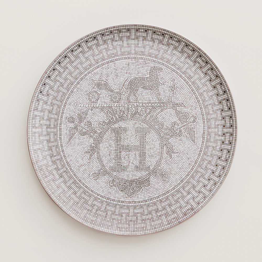 Plateau Carré Hermès Mosaïque Au 24 En Porcelaine - 23x23 Cm, Couleur Platine/blanc, Neuf Avec Boîte