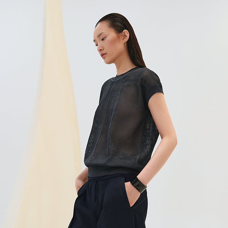 Pull manches courtes motif « En Désordre à Fleurs » Bleu Hermes