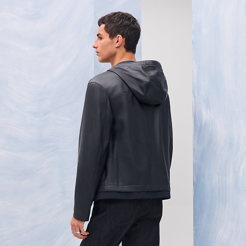 Reversible zipped hooded jacket with leather detail - Blue - 44