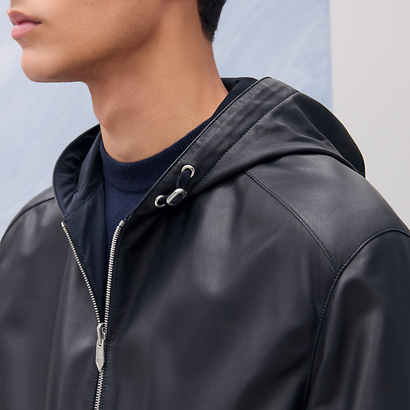 Reversible zipped hooded jacket with leather detail | Hermès USA