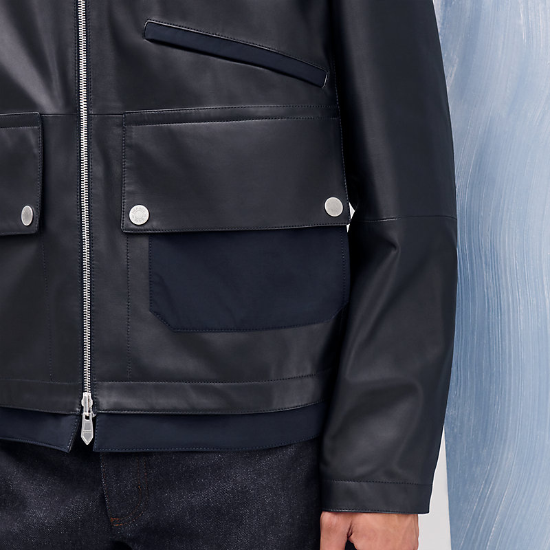 Reversible zipped hooded jacket with leather detail - Blue - 44