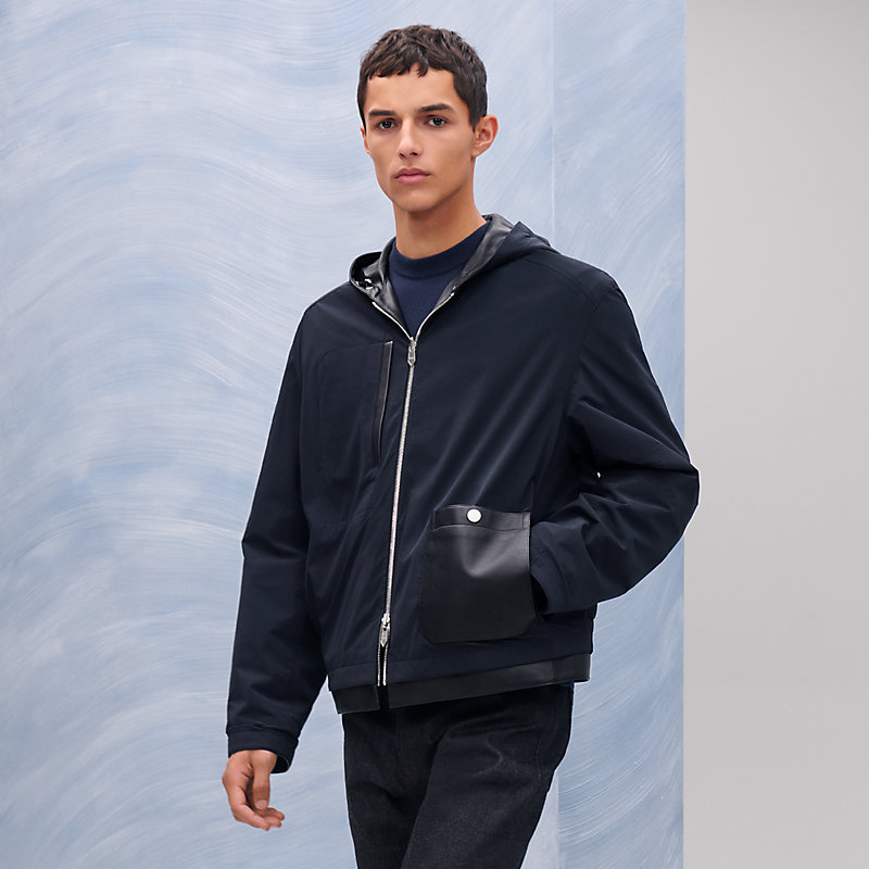 Reversible zipped hooded jacket with leather detail | Hermès USA Reversible zipped hooded jacket with leather detail | Hermès USA
