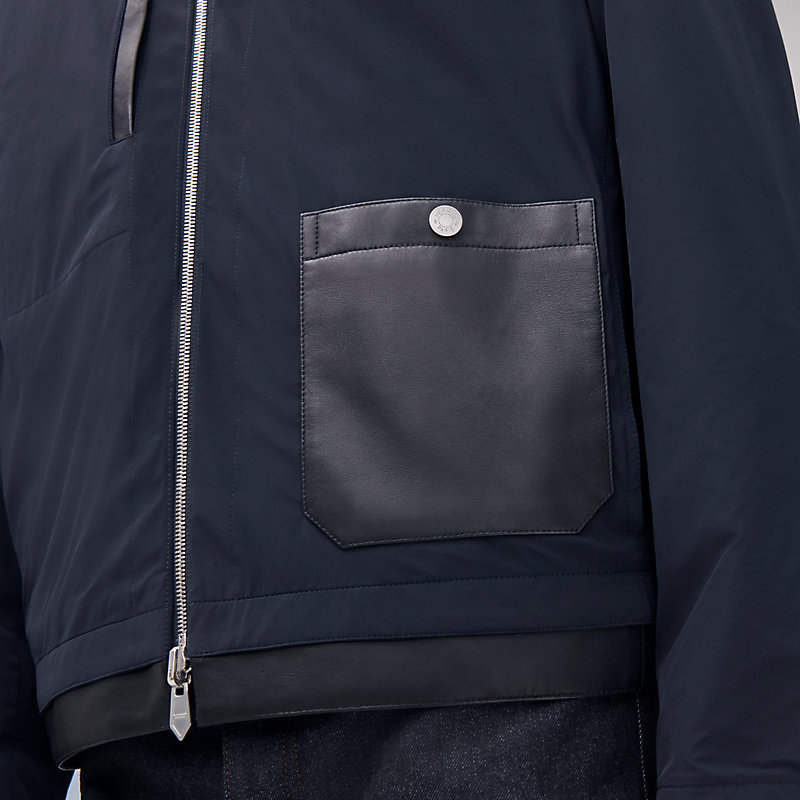 Reversible zipped hooded jacket with leather detail - Blue - 44