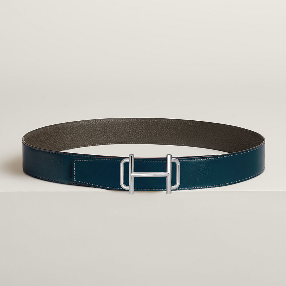 BOUCLE BELT BUCKLE & REVERSIBLE NAVY BLUE AND BLACK AND WHITE LEATHER STRAP 38MM SILVER HARDWARE