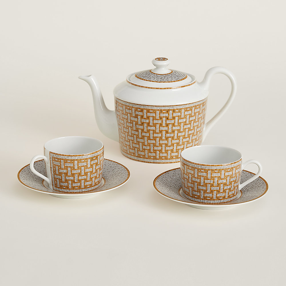 Set mit Teekanne und 2 Teetassen und Untertassen Mosaïque au 24 Gold
