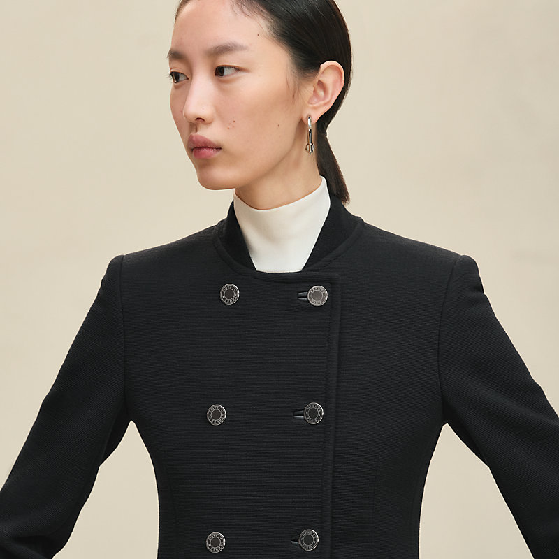 Short pea coat with leather details - Black | Hermès USA