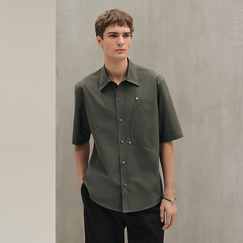 Short-sleeve straight cut shirt with detail - Grey - 42 | Hermès UAE