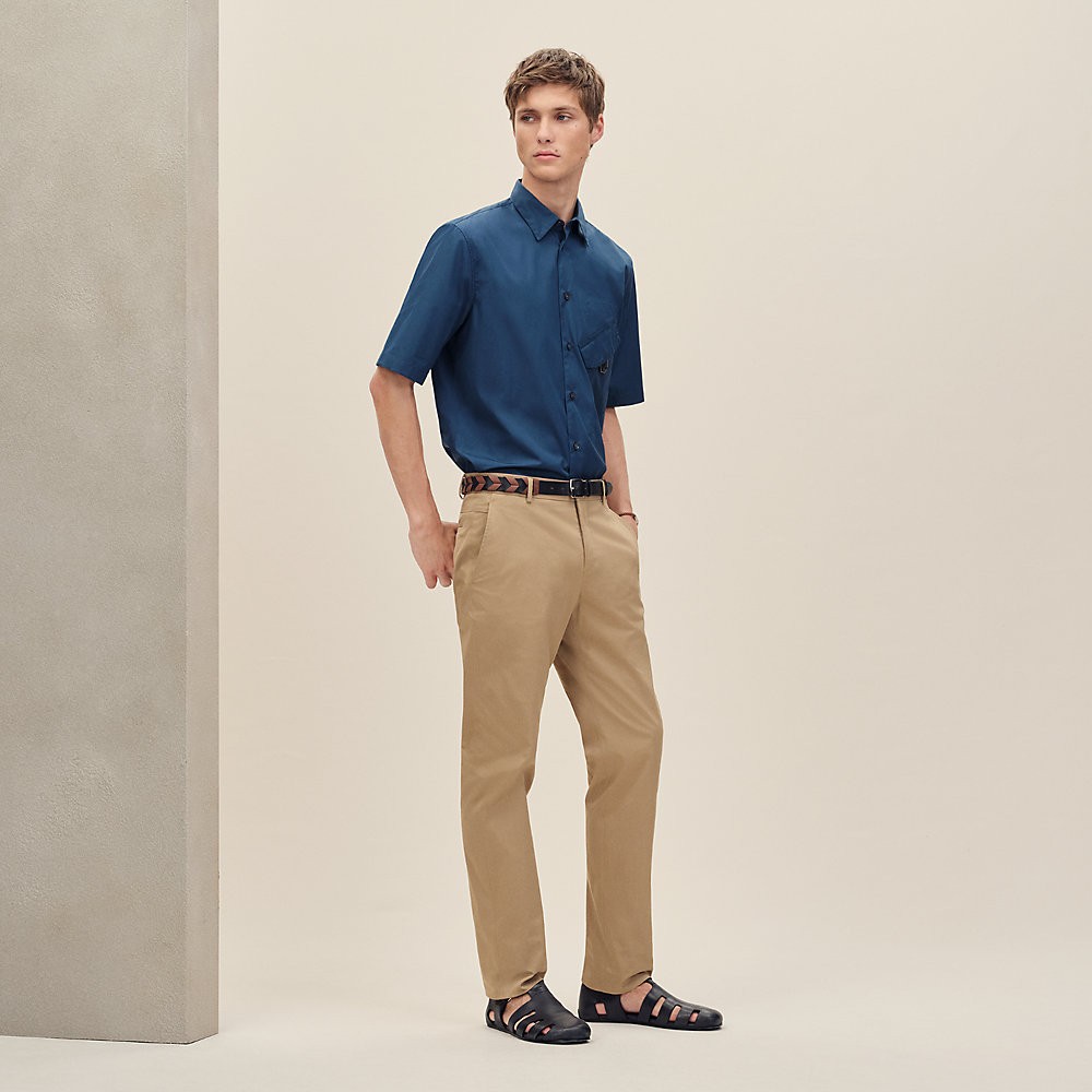 Short-sleeve straight cut shirt with leather detail | Hermès USA