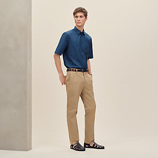 Short-sleeve straight cut shirt with leather detail | Hermès USA