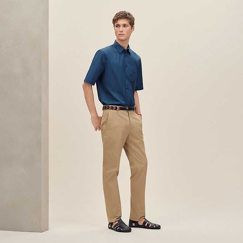 Short-sleeve straight cut shirt with leather detail | Hermès USA