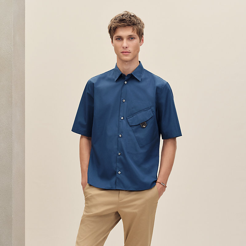 Short-sleeve straight cut shirt with leather detail | Hermès USA Short-sleeve straight cut shirt with leather detail | Hermès USA