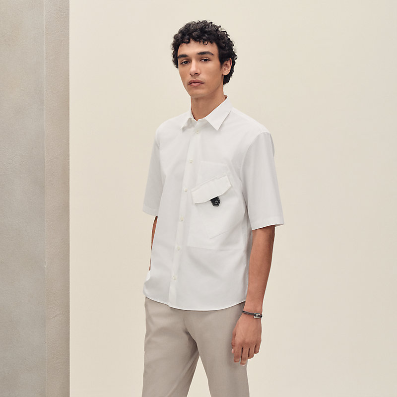 Short-sleeve straight cut shirt with leather detail | Hermès USA