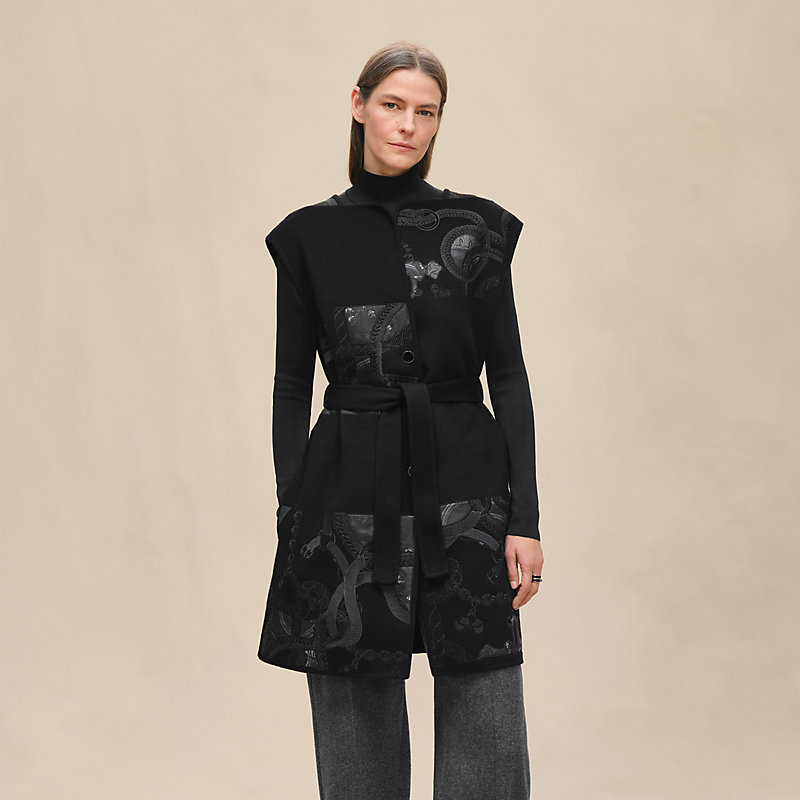 Sleeveless embroidered long vest - Black | Hermès Macau SAR