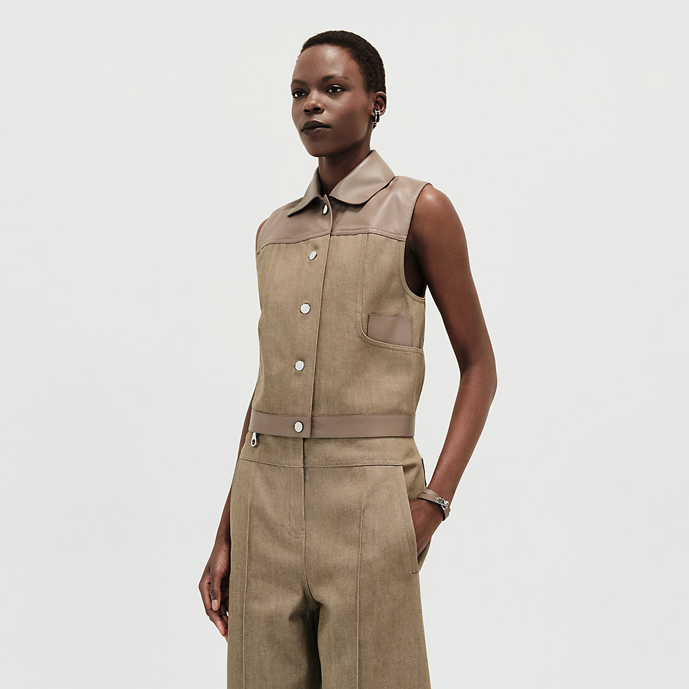 Sleeveless jacket with leather details | Hermès USA Sleeveless jacket with leather details | Hermès USA