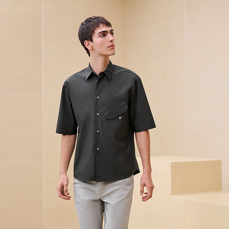 Sporty fit shirt with leather detail - Grey | Hermès Saudi Arabia