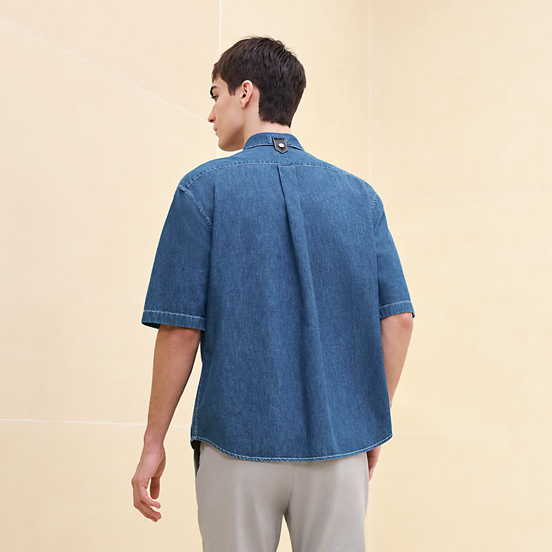 Sporty fit shirt with leather detail - Blue | Hermès UAE