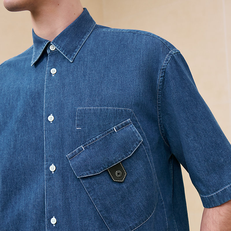 Sporty fit shirt with leather detail - Blue | Hermès Singapore