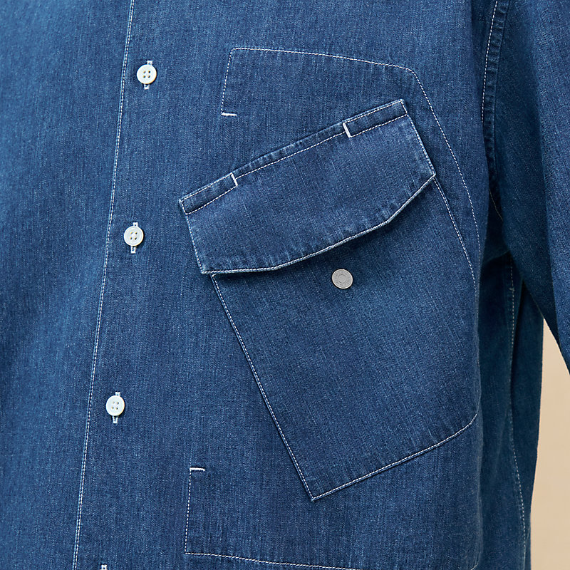 Sporty fit shirt with leather detail - Blue | Hermès Singapore