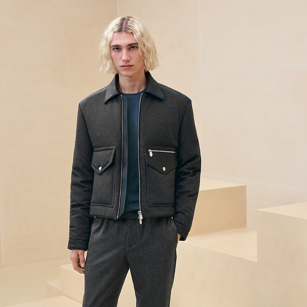 Straight cut jacket with leather detail | Hermès Netherlands