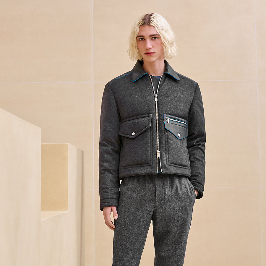 Straight cut jacket with leather detail | Hermès Finland
