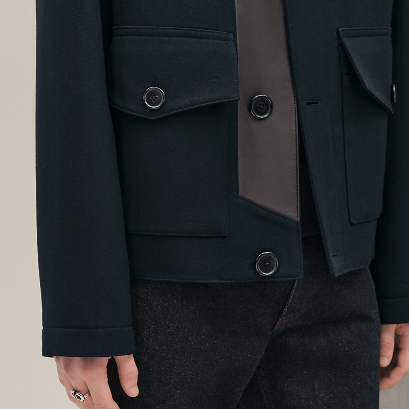 Straight cut jacket with leather detail - Black - 58 | Hermès USA