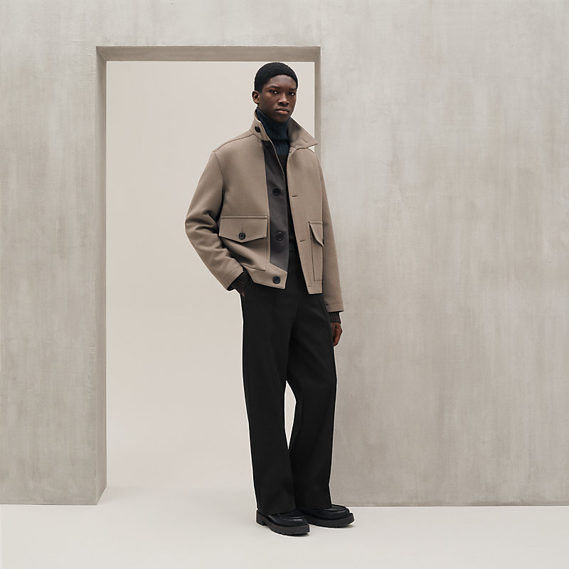 Straight cut jacket with leather detail - Brown - 60 | Hermès