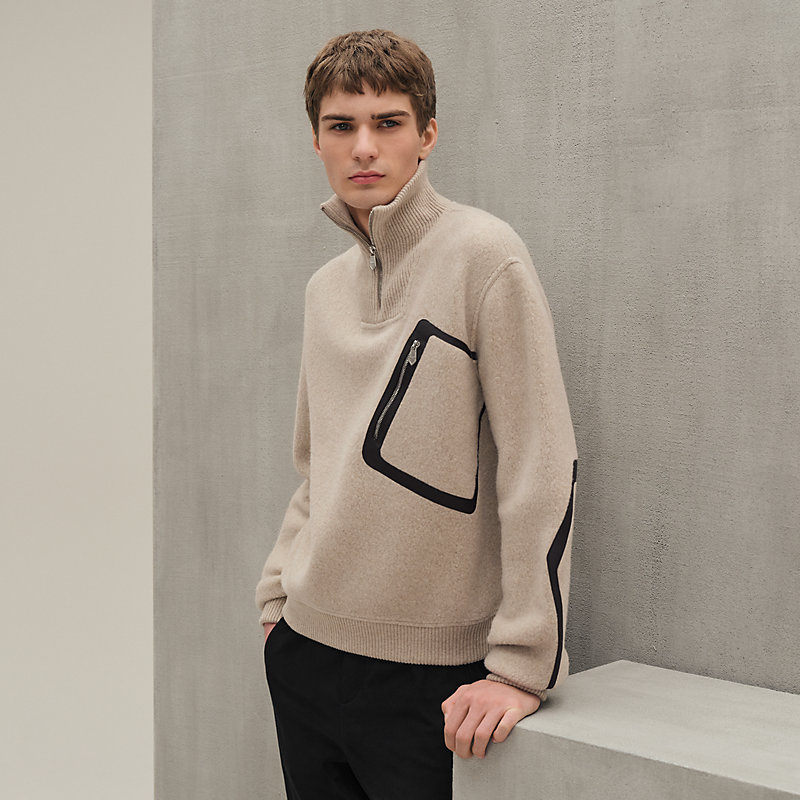 Suéter com zíper inteiriço e detalhe em couro - Azul - XS | Hermès