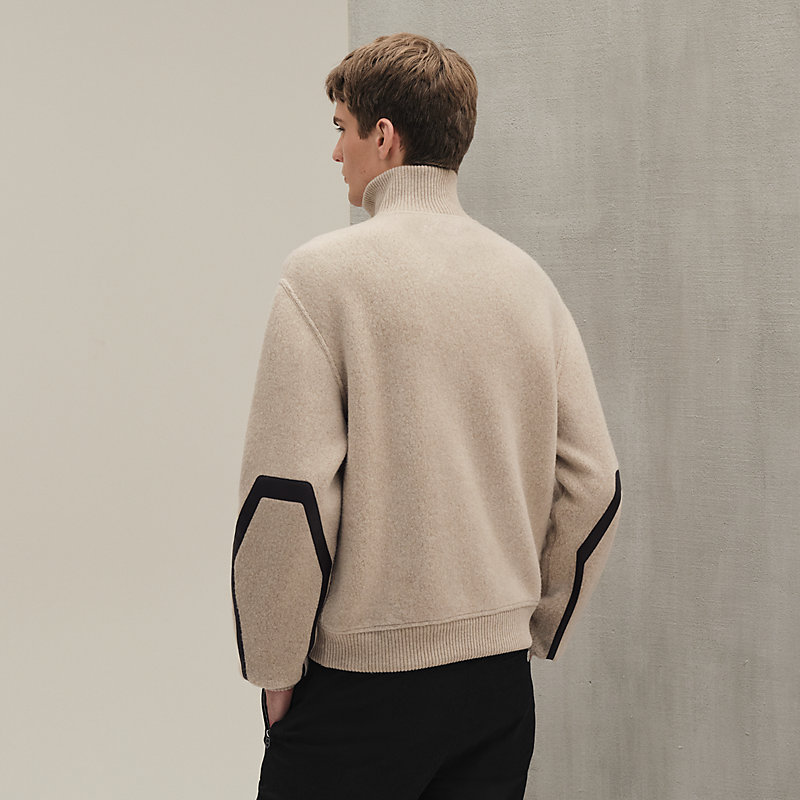 Suéter com zíper inteiriço e detalhe em couro - Azul - XS | Hermès