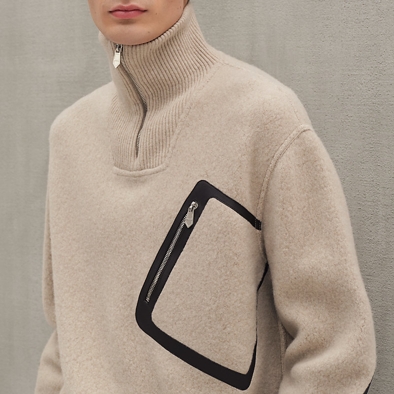 Suéter com zíper inteiriço e detalhe em couro - Azul - XS | Hermès