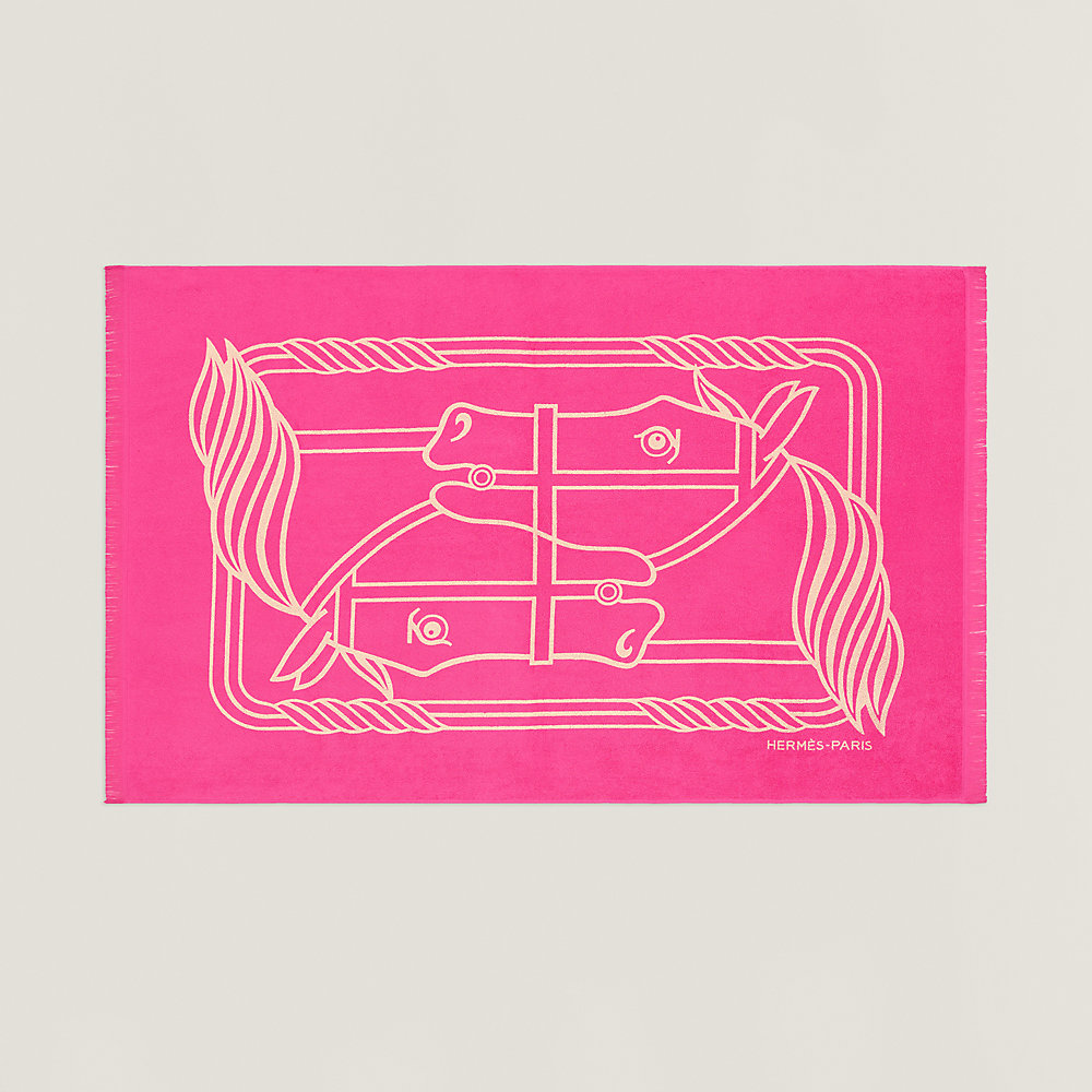 Serviette De Plage Hermès "telo Da Mare" - Motif Cheval Rose Baby - 100% Coton 100x92cm - Occasion En Très Bon état
