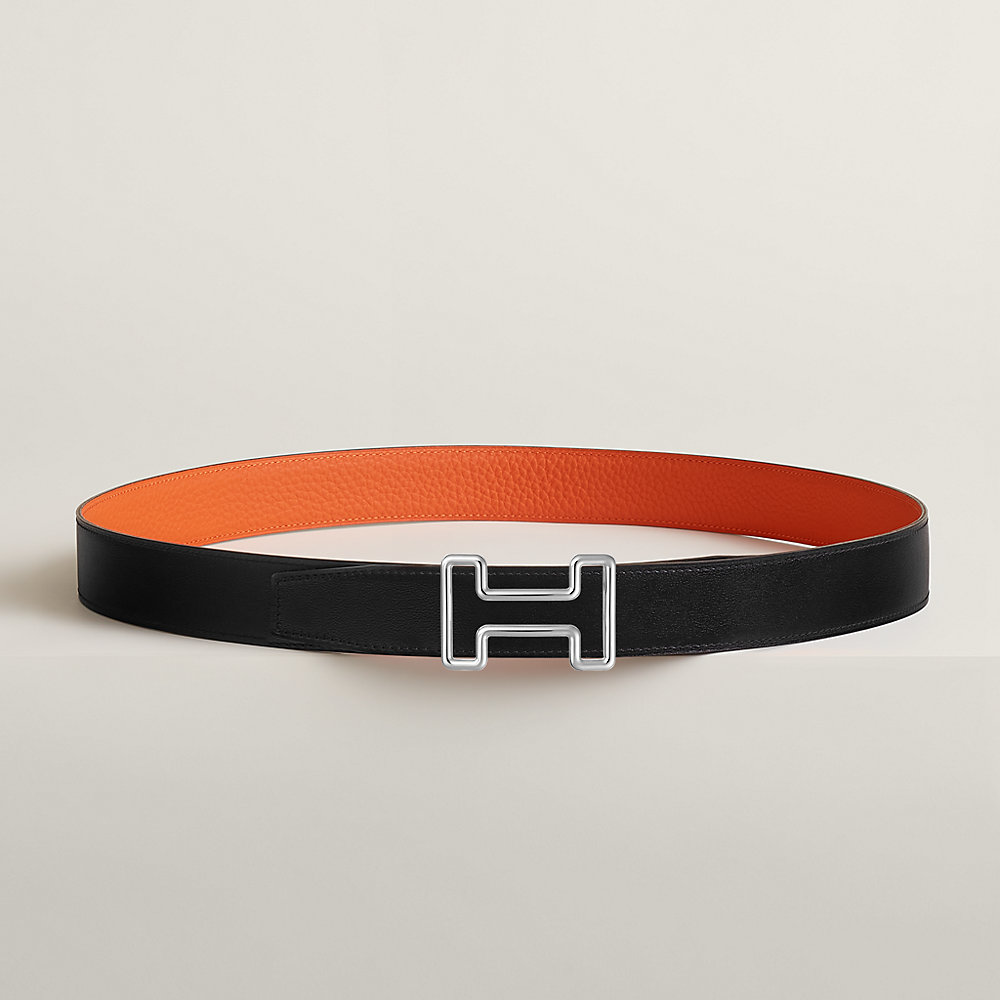 Ceinture HERMÈS Réversible En Cuir Noir/taupe - Taille 95cm, Largeur 32mm, Occasion Très Bon état