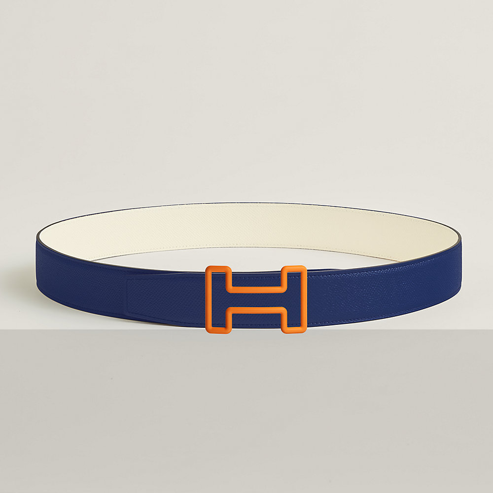 H TONIGHT BELT 38MM SILVER BUCKLE DARK BLUE GREY LEATHER