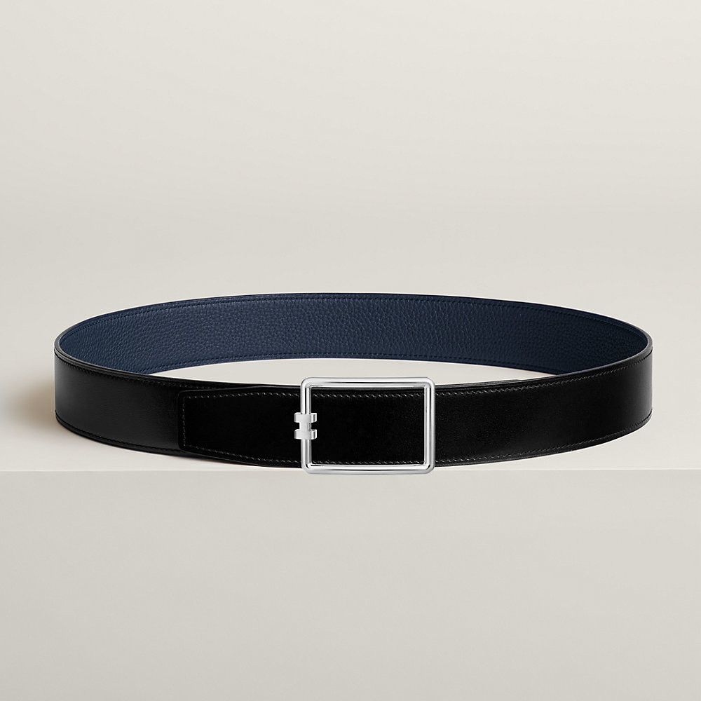 HM H BELT BUCKLE & REVERSIBLE BLACK LEATHER STRAP 38MM SILVER HARDWARE