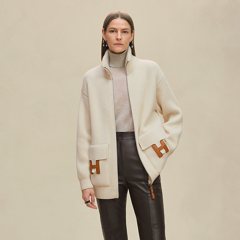 美品★HERMES★最高級カシミヤ★ノーカラー★ニットジャケット★カーデ Wool knit jacket - White | Hermès USA