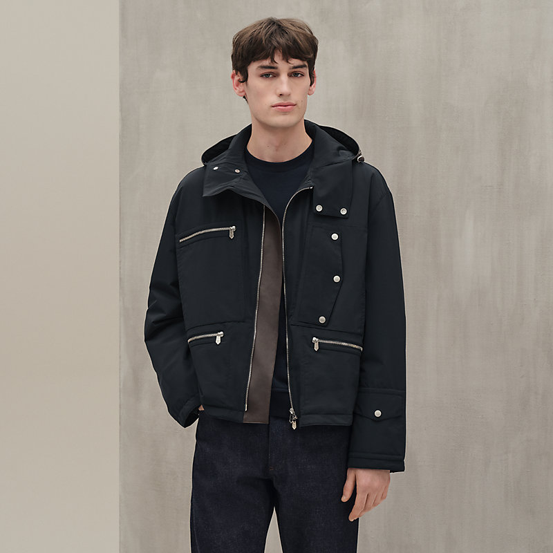 Zipped hooded jacket with leather detail - Beige - 60