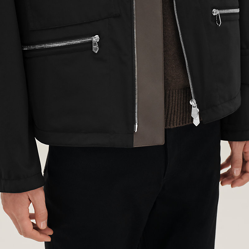 Zipped hooded jacket with leather detail - Black - 60 | Hermès Canada