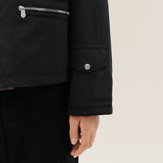 Zipped hooded jacket with leather detail - Black - 60 | Hermès Canada