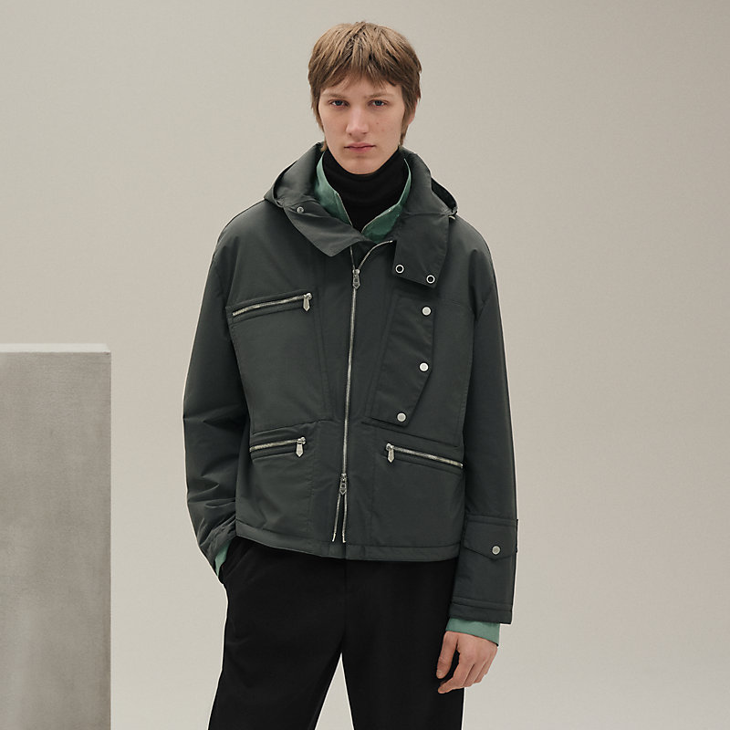 Zipped hooded jacket with leather detail - Green - 54 | Hermès