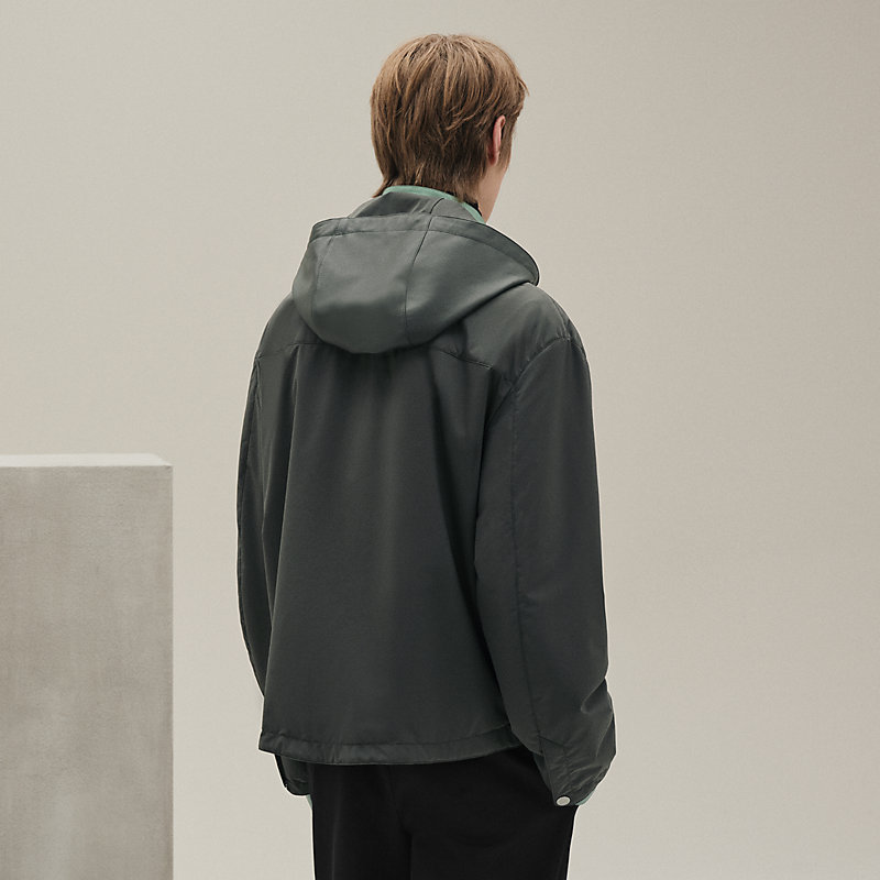 Zipped hooded jacket with leather detail - Green - 54
