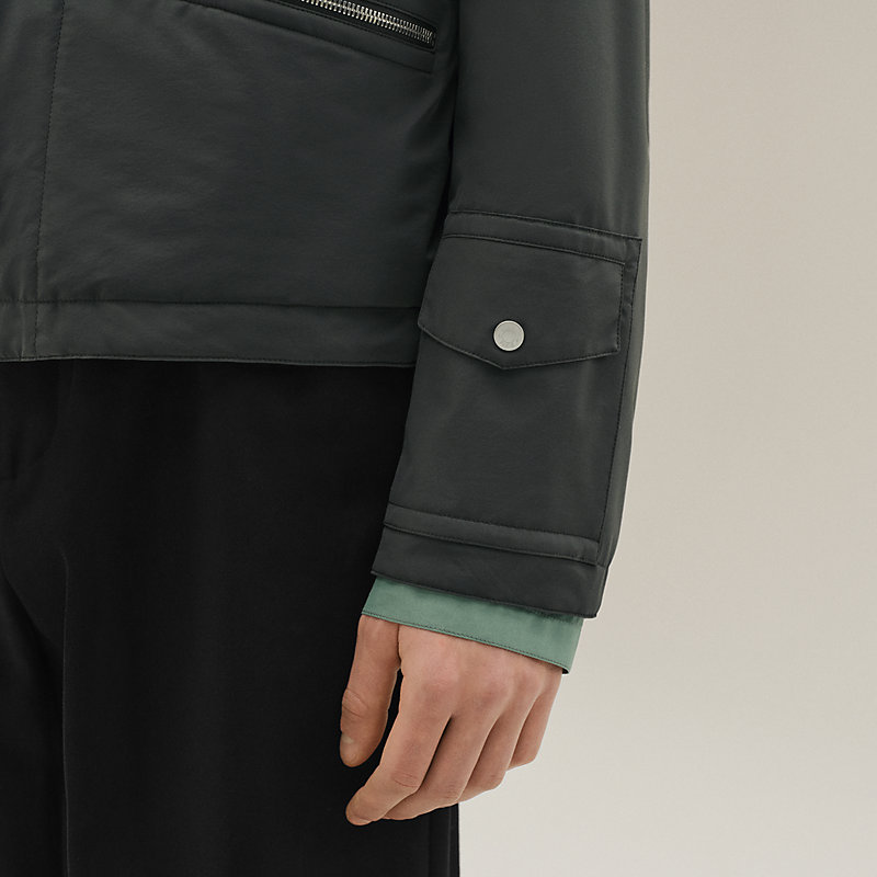 Zipped hooded jacket with leather detail - Green - 54 | Hermès Canada