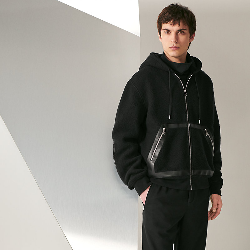 Zipped hooded sweater with leather pocket detail