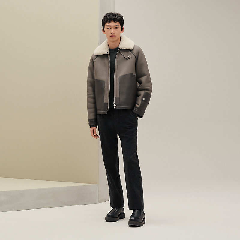 Zipped straight cut jacket with flap collar - Blue - 58 | Hermès