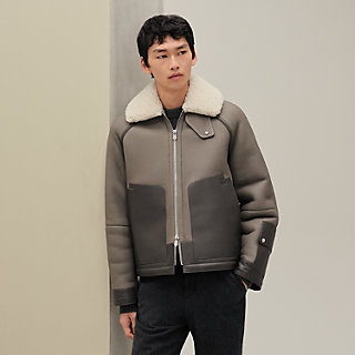 Zipped straight cut jacket with flap collar - Blue - 58 | Hermès