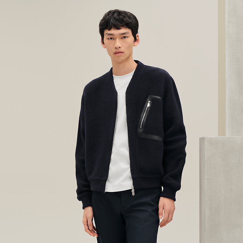 Zipped varsity cardigan with leather detail | Hermès Canada
