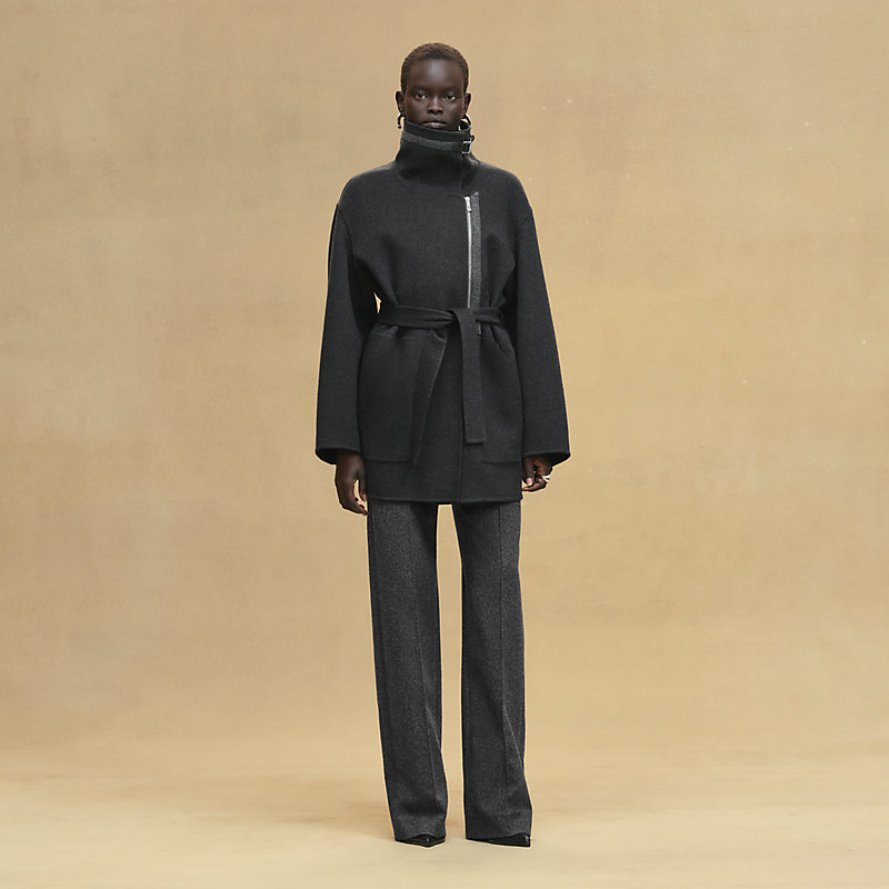 コート フェルト/レザーディテール - グレー | Hermès - エルメス-公式