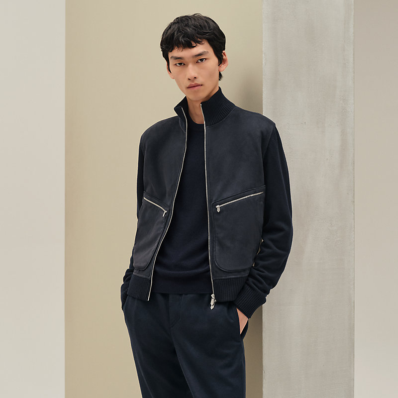 HERMES スタンドカラーブルゾン レザーパイピング L相当 ブラック系 HERMES スタンドカラーブルゾン レザーパイピング L相当 ブラック系