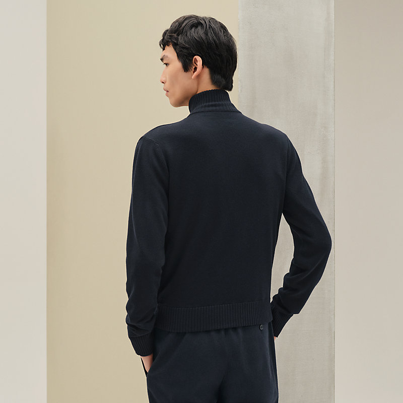 HERMES スタンドカラーブルゾン レザーパイピング L相当 ブラック系 HERMES スタンドカラーブルゾン レザーパイピング L相当 ブラック系