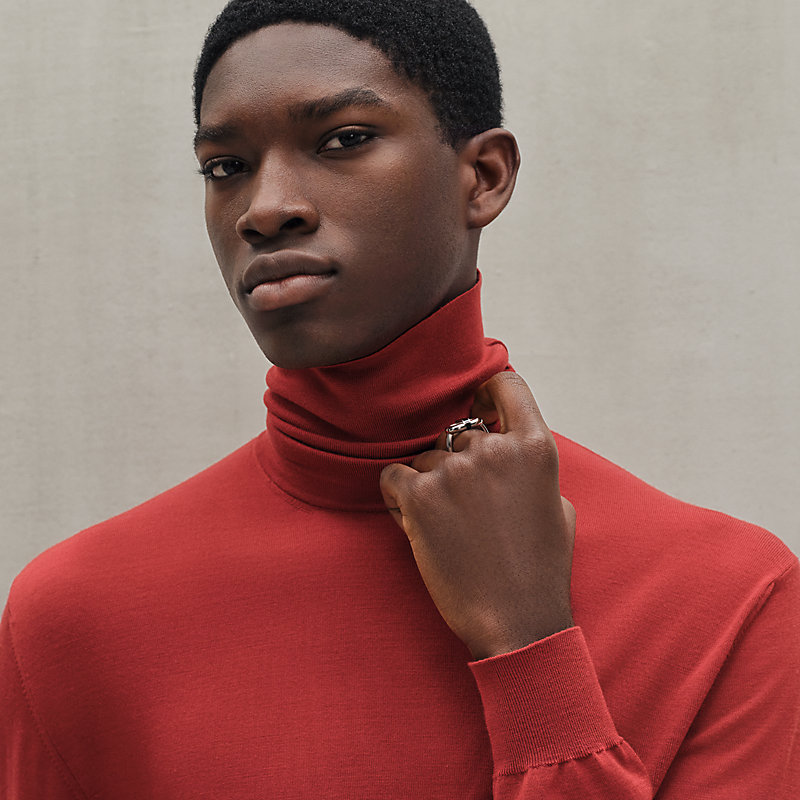 HERMES ハイネックセーター ウール100% 羊革 L オリーブグリーン