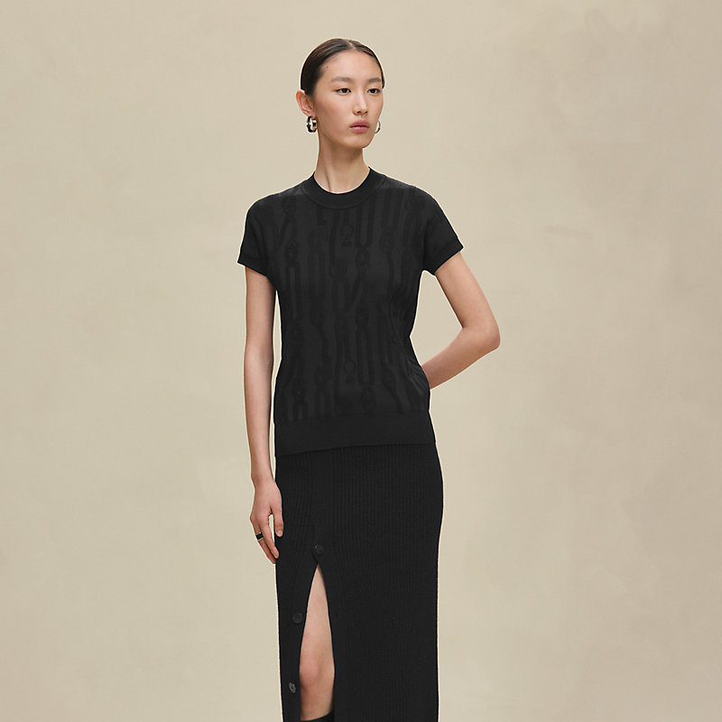 エルメス HERMES ノースリーブ トップス ロゴ ボタン 黒 シルク S