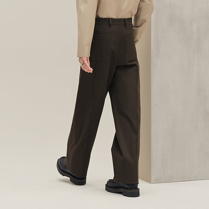 HERMESブラウン コットンパンツ黒レザーパッチ